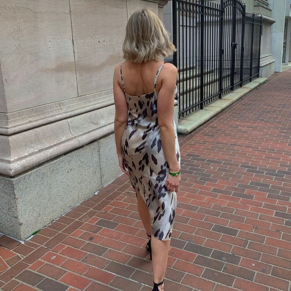 Express Leopard Print Satin Cowl Neck Slip Dress - Picture 2 of 5